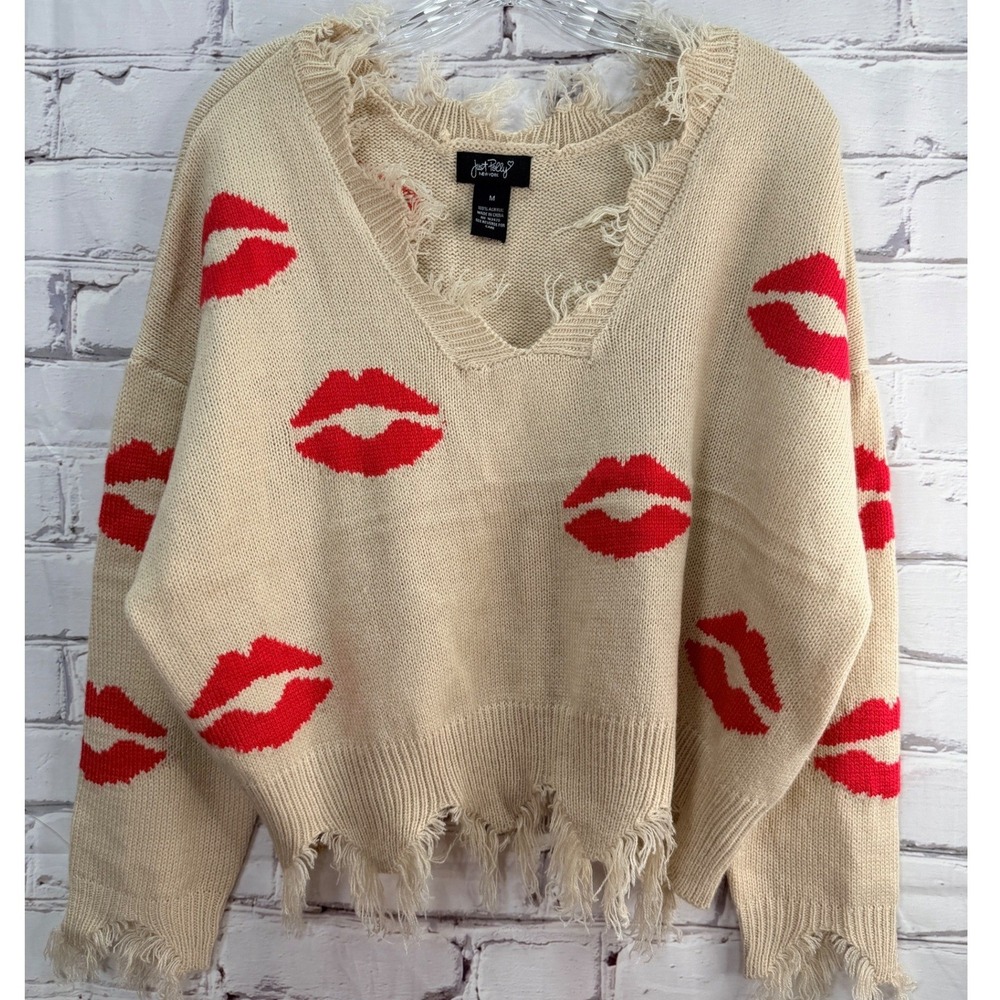 Just Polly V-Neck Sweater Women's Medium Beige Red Lips Print Fringed Grunge Top